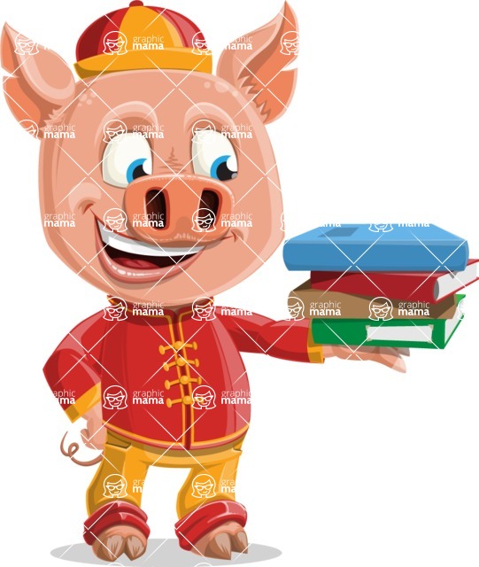 Year of the Pig Character - Vector Pig Cartoon - Year of the Pig Vector Character with Books